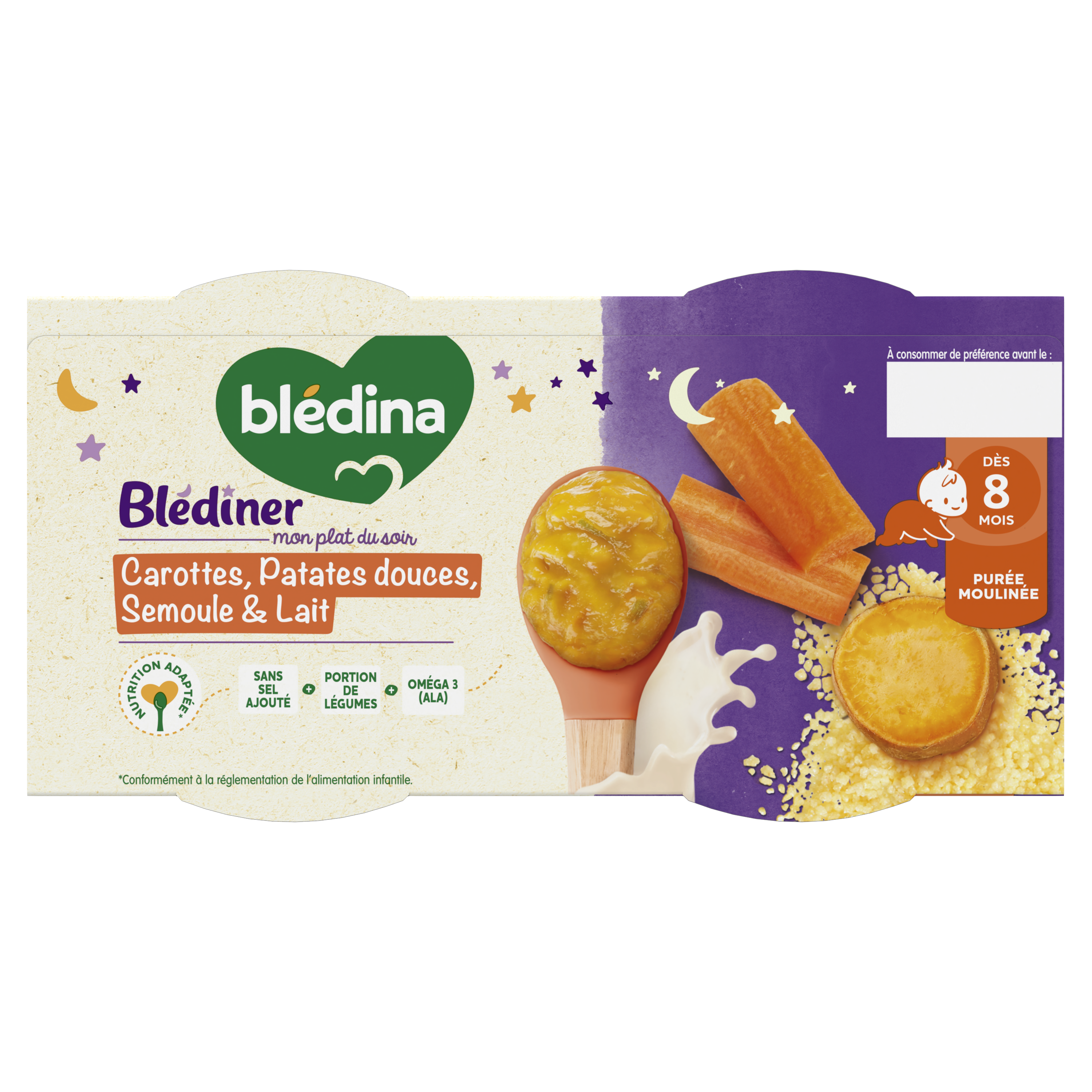 Blédîner - Carottes Patates douces Semoule et Lait  - Lot x3