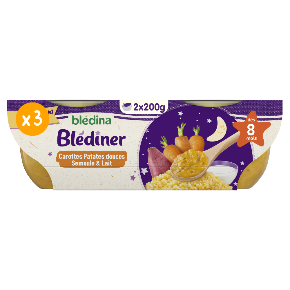 Blédîner - Carottes Patates douces Semoule et Lait  - Lot x3