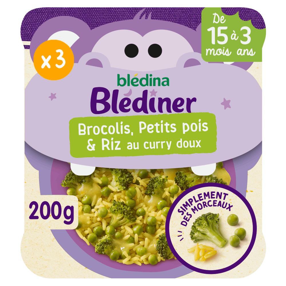 Blédîner Morceaux à dévorer - Brocolis, Petits Pois & Riz au curry doux - Lot x3