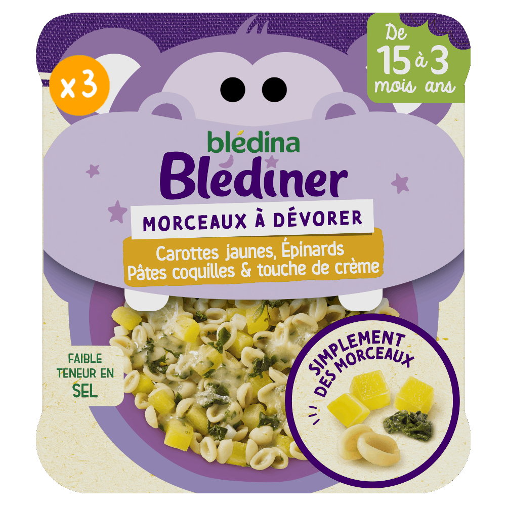 Blédîner Morceaux à dévorer - Carottes jaunes, Épinards & Pâtes coquilles à la Crème Lot x3