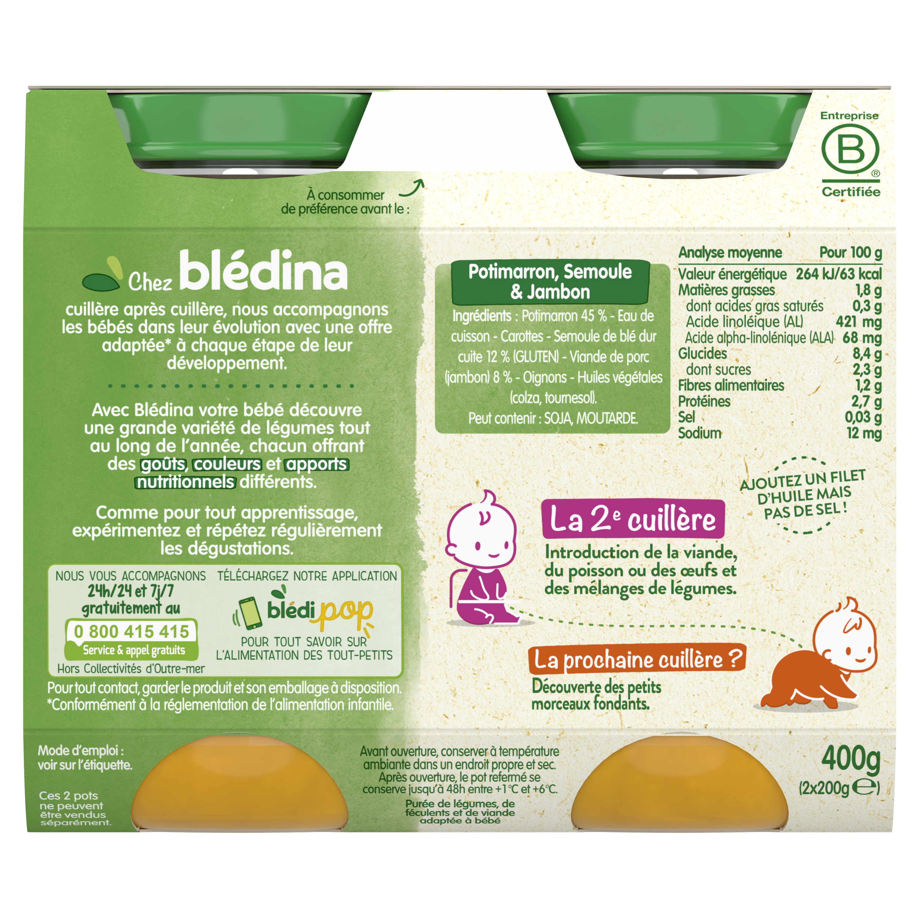 Petits pots - Blédina - Potimarrons Semoule Jambon - Lot x4